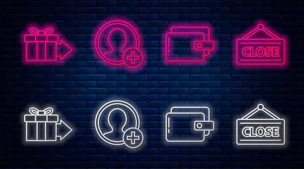 Satır Oluştur Hesap ekranı, Cüzdan, Hediye kutusu ve Kapalı Asılma işareti. Tuğla duvarda parlayan neon simgesi. Vektör