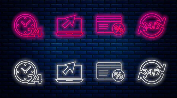 Dizüstü bilgisayarı ve imleci, yüzde yüz indirimli kartı, 24 saat saati ve 24 saati ayarla. Tuğla duvarda parlayan neon simgesi. Vektör