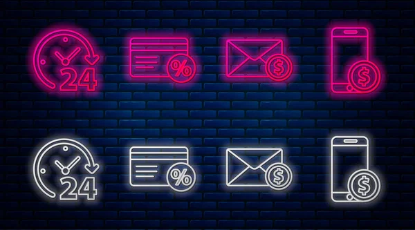Satır İndirim kartını yüzdeyle, Zarfı bozuk parayla, Saati 24 saat ve Smartphone 'u dolarla ayarla. Tuğla duvarda parlayan neon simgesi. Vektör