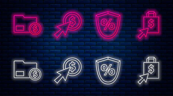 İmleç ve madeni para, yüzde borç para, bozuk para ve para dolu zarf ve dolar. Tuğla duvarda parlayan neon simgesi. Vektör