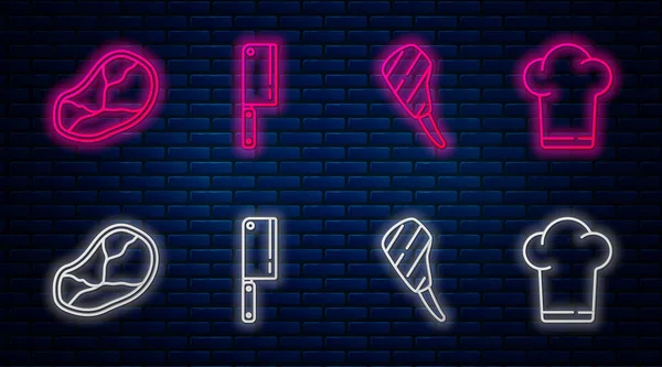 Et doğrayıcı, kaburga bifteği, biftek ve şef şapkası. Tuğla duvarda parlayan neon simgesi. Vektör
