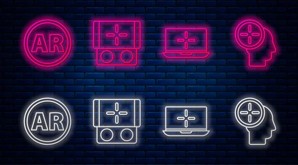 Satır çizgisi taşınabilir oyun konsolu, dizüstü bilgisayar, Ar, artırılmış gerçeklik ve kafa avlama konsepti. Tuğla duvarda parlayan neon simgesi. Vektör