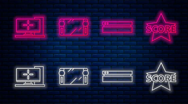 ラインを設定ポータブルビデオゲームコンソール ビデオゲームコンソール コンピュータモニタとスター レンガの壁にネオンアイコンを輝く ベクトル — ストックベクタ