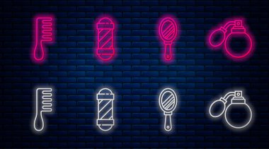 Klasik berber dükkanı direği, el aynası, saç fırçası ve atomla tıraş losyonu şişesi. Tuğla duvarda parlayan neon simgesi. Vektör