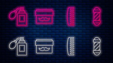 Krem ya da losyon kozmetik kavanozu, saç fırçası, atomlu tıraş losyonu şişesi ve klasik berber dükkanı direği. Tuğla duvarda parlayan neon simgesi. Vektör