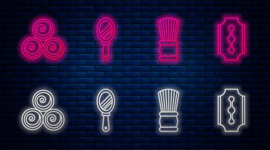 Çizgi aynası, tıraş fırçası, havlu rulo ve jilet. Tuğla duvarda parlayan neon simgesi. Vektör