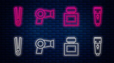 Saç kurutma makinesi, tıraş losyonu, saç maşası ve tıraş makinesi için saç maşası. Tuğla duvarda parlayan neon simgesi. Vektör
