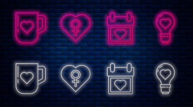 Kadın cinsiyeti olan bir kalp, kalple takvim, kahve fincanı ve kalp şeklinde ampul. Tuğla duvarda parlayan neon simgesi. Vektör