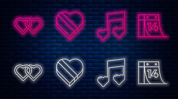 Set line Candy in heart shaped box, Music note, tone with hearts, Two Linked Hearts and Calendar with February 14. Glowing neon icon on brick wall. Vector — Stock Vector