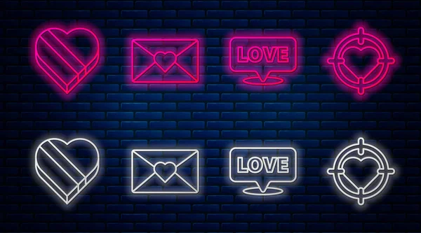 Set line Envelope with Valentine heart, Speech bubble with text love, Candy in heart shaped box and Heart in the center of darts target aim. Glowing neon icon on brick wall. Vector — Stock Vector