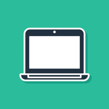 Yeşil arkaplanda mavi dizüstü bilgisayar simgesi izole edildi. Boş ekran işaretli bilgisayar defteri. Vektör İllüstrasyonu