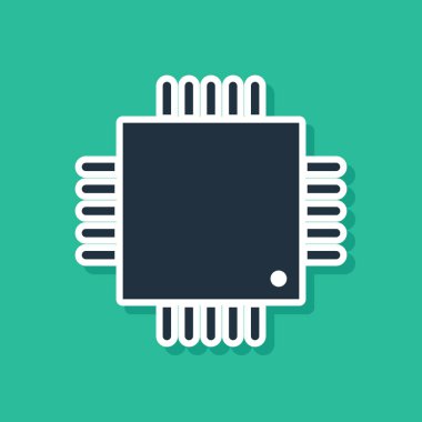 Yeşil arkaplanda mikro devreli Cpu simgesine sahip mavi bilgisayar işlemcisi. Devre kartı işaretli çip ya da işlemci. Mikro işlemci. Vektör İllüstrasyonu