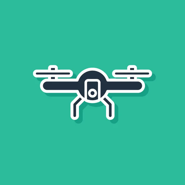 Blue Drone flying icon isolated on green background. Quadrocopter with video and photo camera symbol. Vector Illustration — Stock Vector