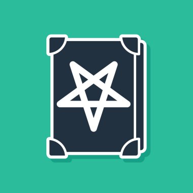 Üzerinde simya tarifleri, mistik büyüler ve yeşil arka planda izole edilmiş büyü simgeleri olan Mavi Kadim büyü kitabı. Vektör İllüstrasyonu