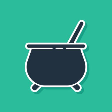 Mavi Cadı Kazanı simgesi yeşil arkaplanda izole edildi. Mutlu Cadılar Bayramı Partisi. Vektör İllüstrasyonu