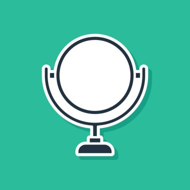 Mavi yuvarlak makyaj aynası ikonu yeşil arkaplanda izole edilmiş. 8 Mart. Uluslararası Mutlu Kadınlar Günü. Vektör İllüstrasyonu