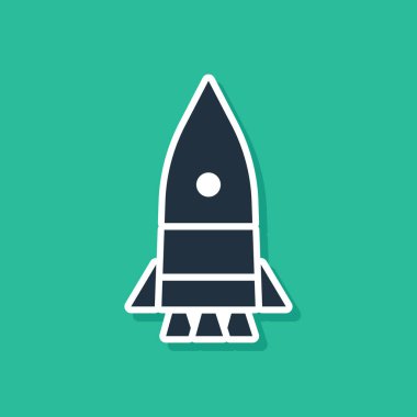 Mavi Roket gemisi simgesi yeşil arkaplanda izole edildi. Uzay yolculuğu. Vektör İllüstrasyonu