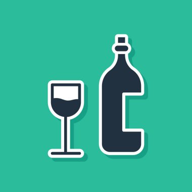 Yeşil arka planda şarap kadehi ikonu olan mavi şarap şişesi. Mutlu Paskalyalar. Vektör İllüstrasyonu