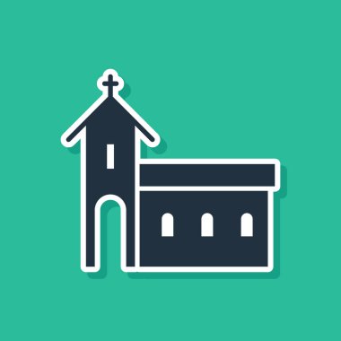 Mavi Kilise bina simgesi yeşil arka plan üzerinde izole. Hıristiyan Kilisesi. Kilise dini. Vektör İllüstrasyonu