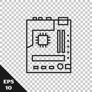 Siyah çizgi Elektronik bilgisayar bileşenleri anakart dijital çip entegre bilim ikonu şeffaf arka planda izole. Devre kartı. Vektör İllüstrasyonu