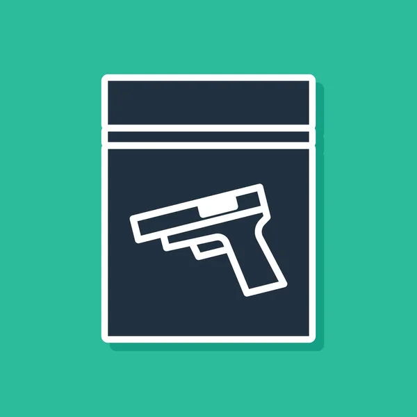 Saco de evidência azul e pistola ou ícone de arma isolado no fundo verde. Ilustração vetorial — Vetor de Stock