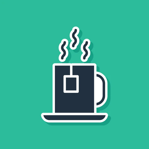 Taza azul de té con icono de la bolsa de té aislado sobre fondo verde. Ilustración vectorial — Vector de stock