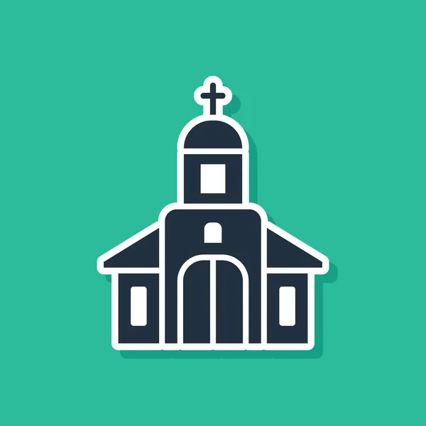 Icône de bâtiment de l'église bleue isolée sur fond vert. Église chrétienne. Religion d'église. Illustration vectorielle — Image vectorielle