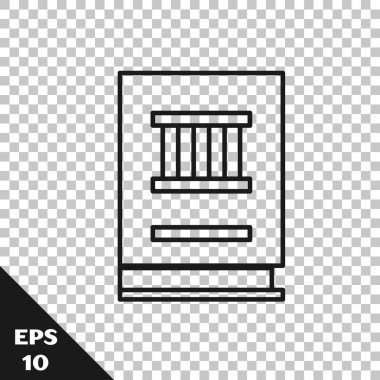 Siyah çizgi hukuk kitabı simgesi şeffaf arkaplanda izole edildi. Yasal yargıç kitabı. Yargılama kavramı. Vektör İllüstrasyonu