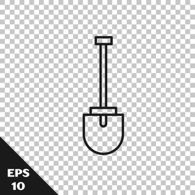 Saydam arka planda yalıtılmış siyah çizgi Kürek simgesi. Bahçıvanlık aleti. Bahçecilik, tarım, tarım için bir araç. Vektör İllüstrasyonu