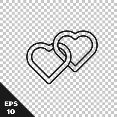 Siyah Hat İki Bağlı Kalpler simgesi şeffaf arkaplanda izole edildi. Romantik sembol, bağlanma, tutku ve düğün. Mutlu Kadın Günleri. Vektör İllüstrasyonu