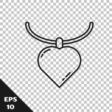 Şeffaf arkaplanda izole edilmiş kalp şeklinde kolye simgesi olan siyah çizgi kolyesi. Mücevher dekorasyonu. Uluslararası Mutlu Kadınlar Günü. Vektör İllüstrasyonu