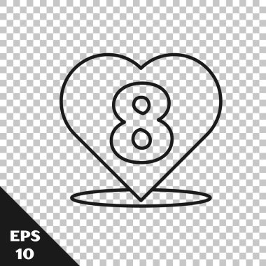 Şeffaf arkaplanda 8 Mart simgesine sahip siyah çizgi kalbi izole edildi. Romantik sembol, bağlanma, tutku ve düğün. Mutlu Kadın Günleri. Vektör İllüstrasyonu