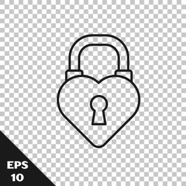 Şeffaf arkaplanda izole edilmiş kalp simgesi şeklinde kara çizgi bir kale. Aşk sembolü ve anahtar deliği işareti. 8 Mart. Mutlu Kadın Günleri. Vektör İllüstrasyonu