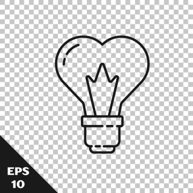 Şeffaf arkaplanda izole edilmiş bir ampul ikonunda siyah çizgi kalp şekli. Aşk sembolü. 8 Mart. Uluslararası Mutlu Kadınlar Günü. Vektör İllüstrasyonu