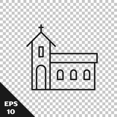 Siyah çizgi Kilise bina simgesi saydam arka plan üzerinde izole. Hıristiyan Kilisesi. Kilise dini. Vektör İllüstrasyonu