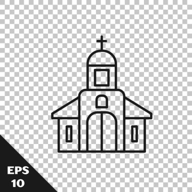 Siyah çizgi Kilise bina simgesi saydam arka plan üzerinde izole. Hıristiyan Kilisesi. Kilise dini. Vektör İllüstrasyonu