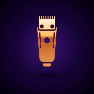 Altın Elektrikli saç makası veya tıraş makinesi simgesi koyu mavi arka plan üzerinde izole. Berber dükkanı sembolü. Vektör İllüstrasyonu