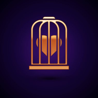 Kuş kafesi ikonundaki altın kalp koyu mavi arka planda izole edilmiş. Aşk işareti. Sevgililer Günü sembolü. Vektör İllüstrasyonu