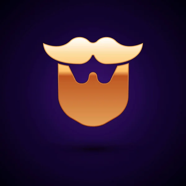 Icono de bigote y barba dorada aislado sobre fondo azul oscuro. Símbolo de barbería. Estilo de pelo facial. Ilustración vectorial — Archivo Imágenes Vectoriales