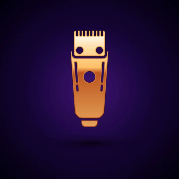 Золотий електричний затискач для волосся або значок бритви ізольовані на темно-синьому фоні. Перукарський символ. Векторна ілюстрація — стоковий вектор