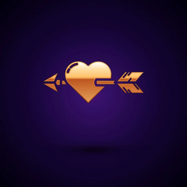 Gold-Amour-Symbol mit Herz und Pfeil-Symbol isoliert auf dunkelblauem Hintergrund. Liebeszeichen. Valentin-Symbol. Vektorillustration — Stockvektor