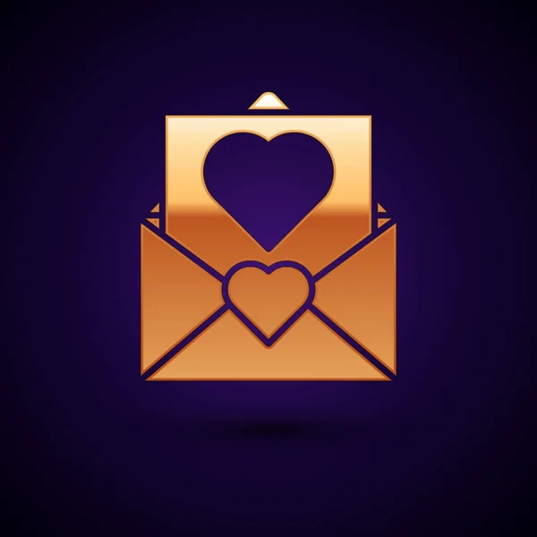 Sobres dorados con icono del corazón de San Valentín aislado sobre fondo azul oscuro. Mensaje amor. Carta de amor y romance. Ilustración vectorial — Vector de stock