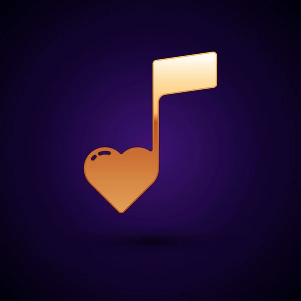 Gold Music note, tone with hearts icon isolated on dark blue background. Valentines day. Vector Illustration — Stock Vector