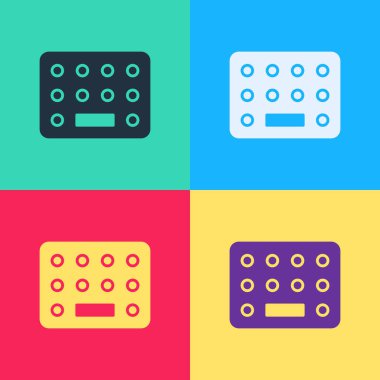 Popüler sanat hapları renkli arka planda izole edilmiş su toplayıcı ikonunda. İlaç paketi. Tablet, vitamin, antibiyotik, aspirin. Vektör İllüstrasyonu