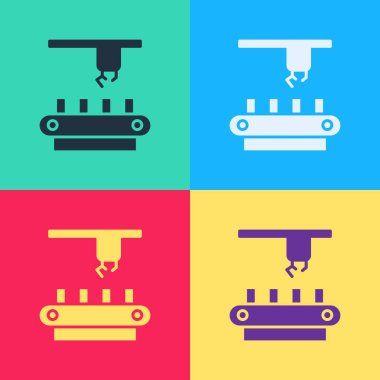 Pop Art Factory taşıma sistemi bant ikonu renk arkaplan izole. Robot endüstrisi konsepti. Vektör İllüstrasyonu