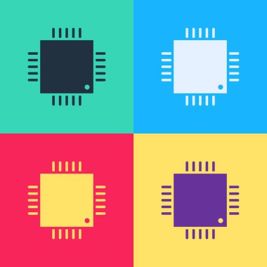 Mikro devreli Pop Art Bilgisayar işlemcisi CPU simgesi renk arkaplanında izole edildi. Devre kartı işaretli çip ya da işlemci. Mikro işlemci. Vektör İllüstrasyonu