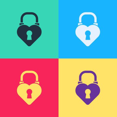 Renkli arka planda izole edilmiş kalp ikonu şeklinde pop sanat kalesi. Aşk sembolü ve anahtar deliği işareti. 8 Mart. Mutlu Kadın Günleri. Vektör İllüstrasyonu