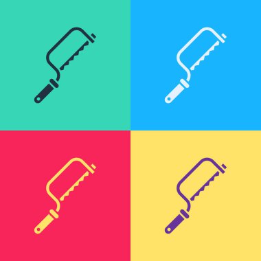Pop Art Hacksaw simgesi renk arkaplanında izole edildi. Tahta ve metal testeresi. Vektör İllüstrasyonu