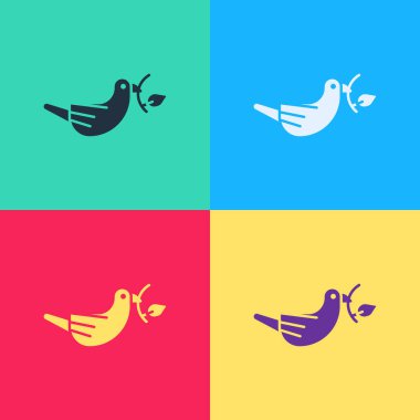 Arkaplanda zeytin dalı simgesi olan Pop Art Peace güvercini. Mutlu Paskalyalar. Vektör İllüstrasyonu