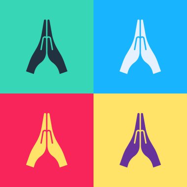 Pop Art Hands dua konumunda renk arkaplanında izole edilmiş bir simge. Tanrı 'ya inanç ve umutla dua edin. Vektör İllüstrasyonu